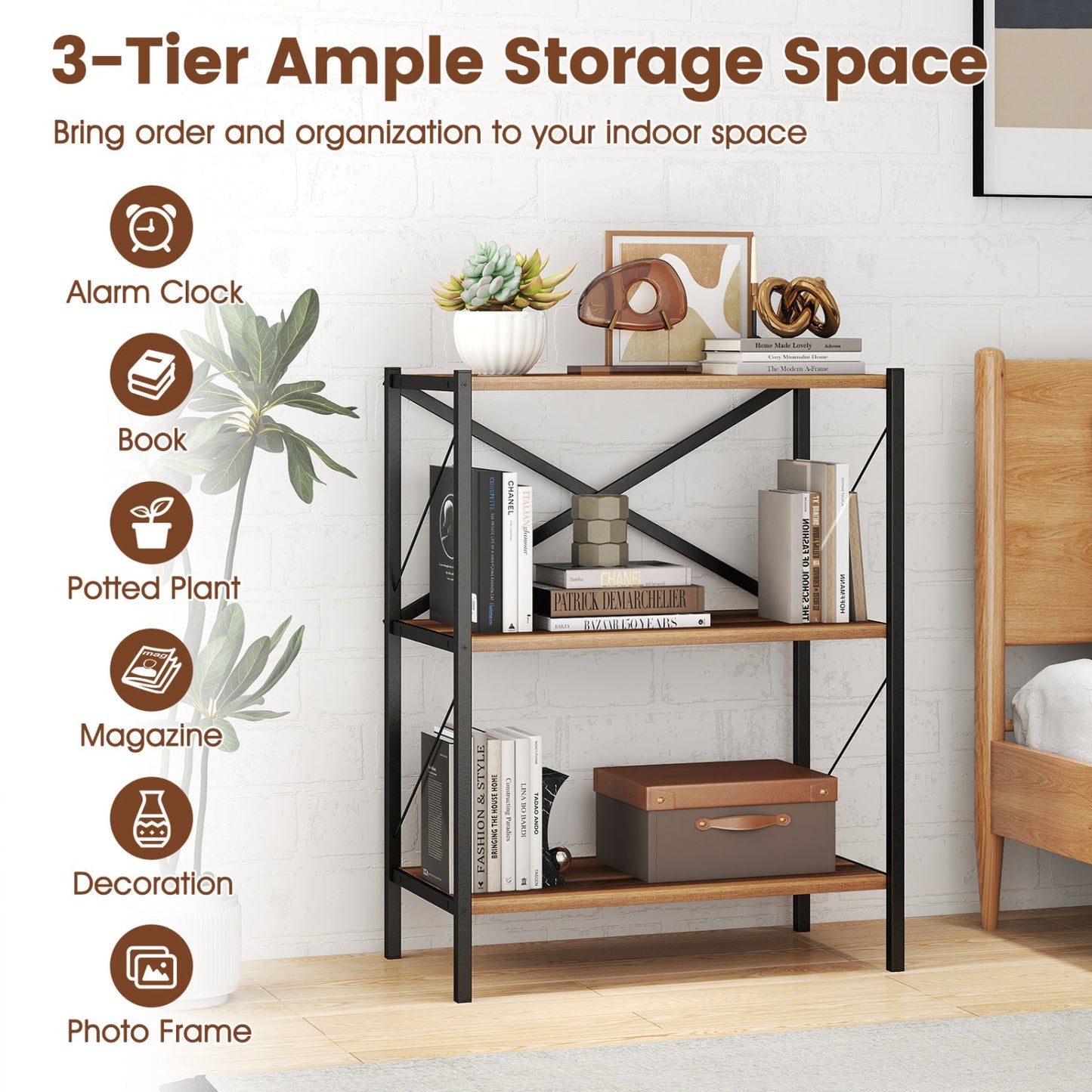 Three-Tier Bookshelf with heavy-duty black metal frame and wood shelves rack bookcase on Tampa Home & Garden Store
