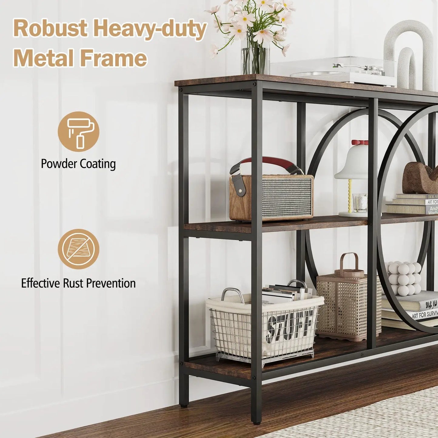 3-Tier Console Table with Faux Marble Top and Storage Shelves, black metal frame on Tampa Home & Garden Store
