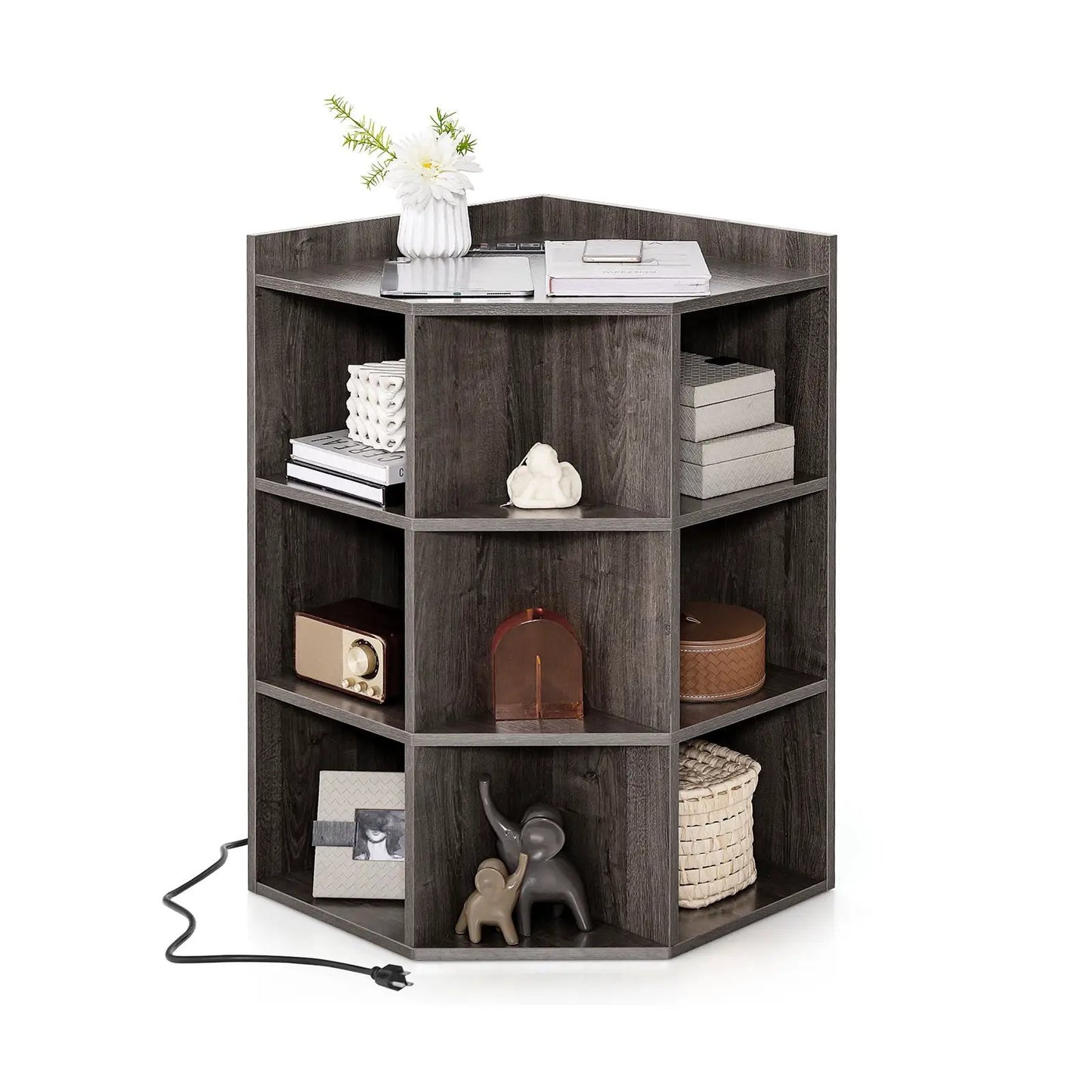 3-Tier Corner Cabinet with Charging Station for Bedroom-White - Tampa Home & Garden Store