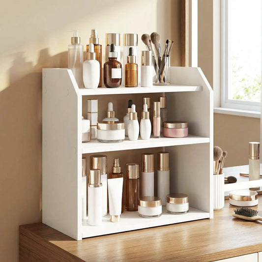 Three Tier White Desktop Bookshelf Guardrails with raised rim holding cosmetics and bottles on Tampa Home & Garden Store