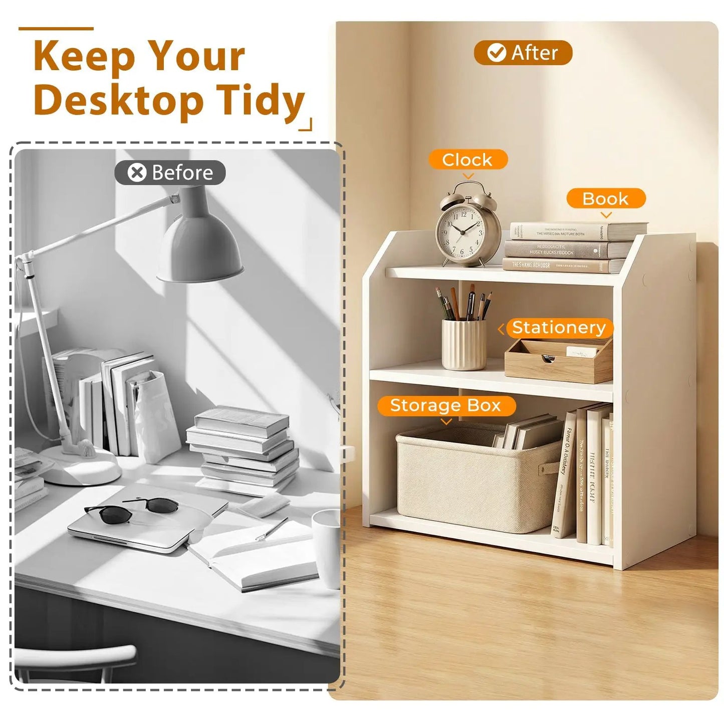 Three-Tier White Desktop Bookshelf Guardrails with raised edges on a desk, holding clock, books and a storage box on Tampa Home & Garden Store