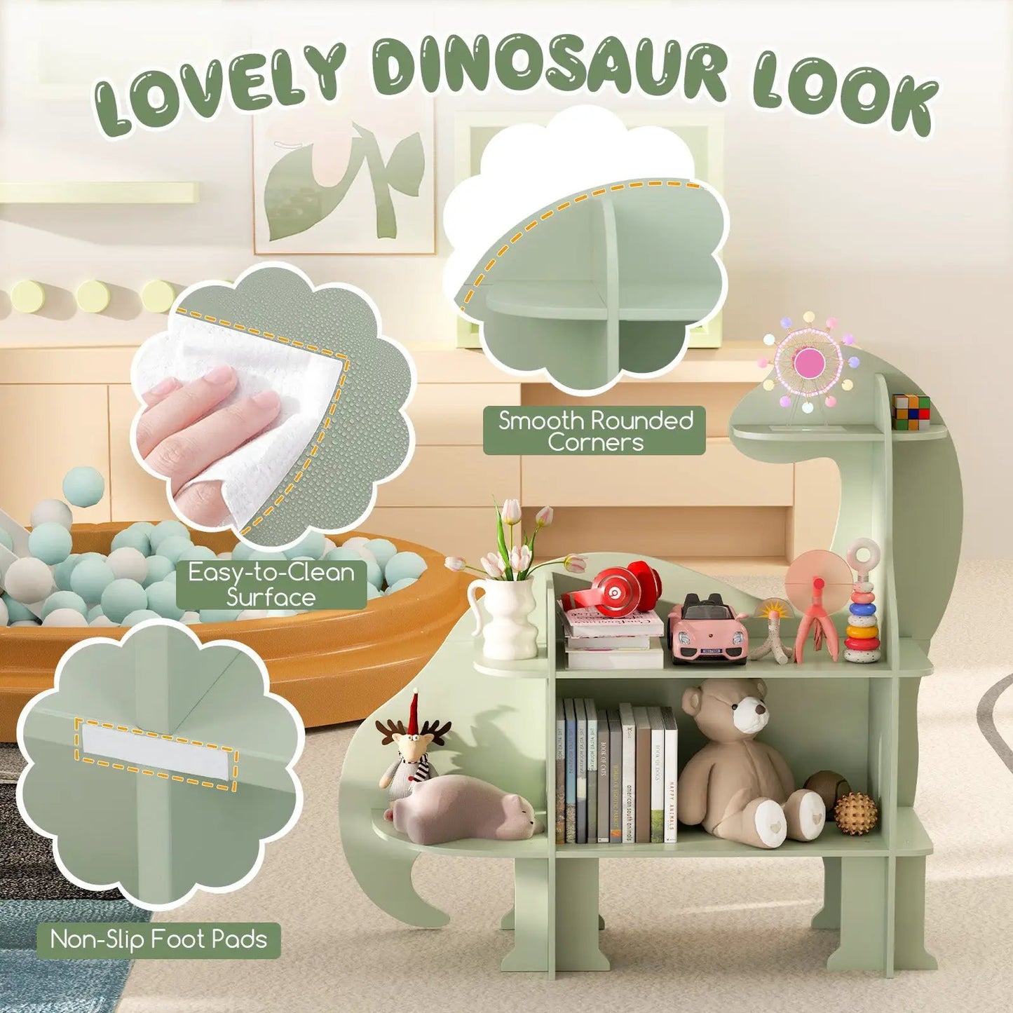 Three-tier green dinosaur kids bookshelf with smooth rounded corners on Tampa Home & Garden Store