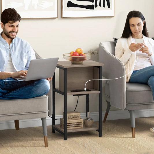 Three-tier end table with USB ports and outlets, gray wood top, black metal frame on Tampa Home & Garden Store