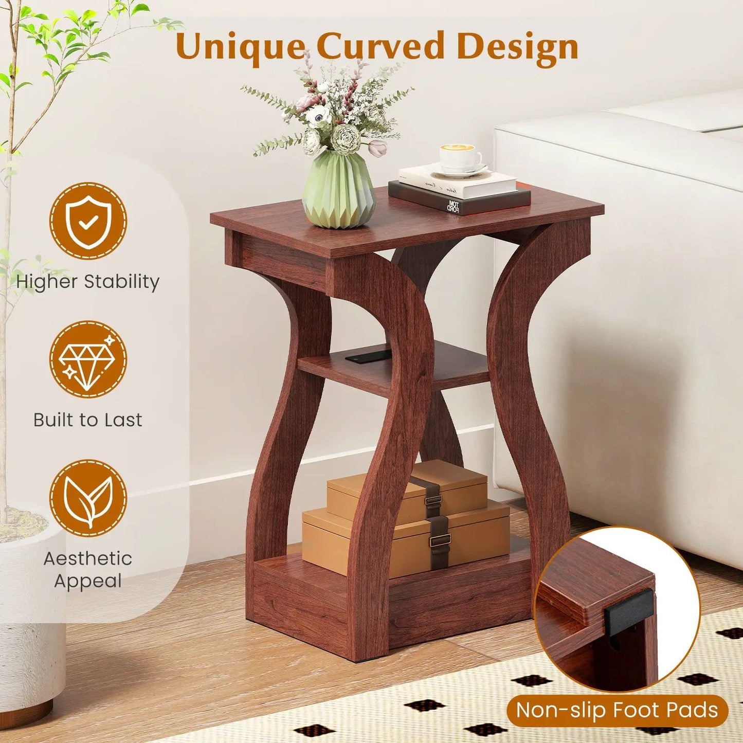3-Tier End Tables with Charging Station, set of 2, dark wood finish with curved legs on Tampa Home & Garden Store