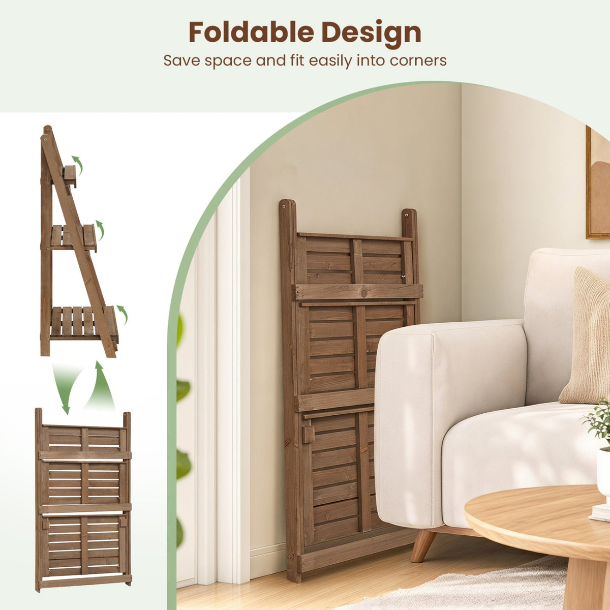 3-Tier Foldable Plant Stand with Slatted Shelves wooden brown DirectDeals on Tampa Home & Garden Store