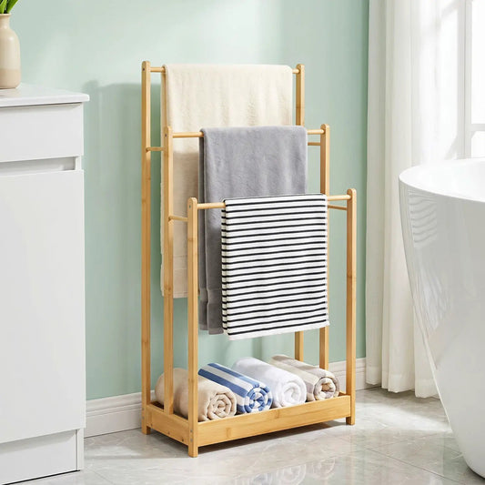 3-Tier Bamboo Towel Rack with Storage Shelf by DirectDeals, natural finish with three towel bars on Tampa Home & Garden Store
