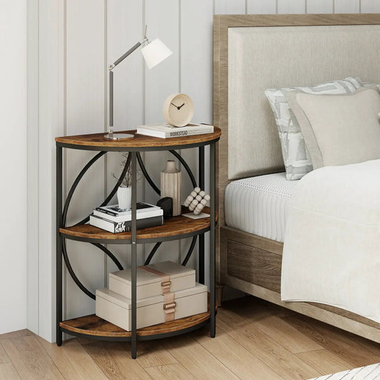 3-Tier Half Round End Table with wood shelves and black metal frame beside bed on Tampa Home & Garden Store