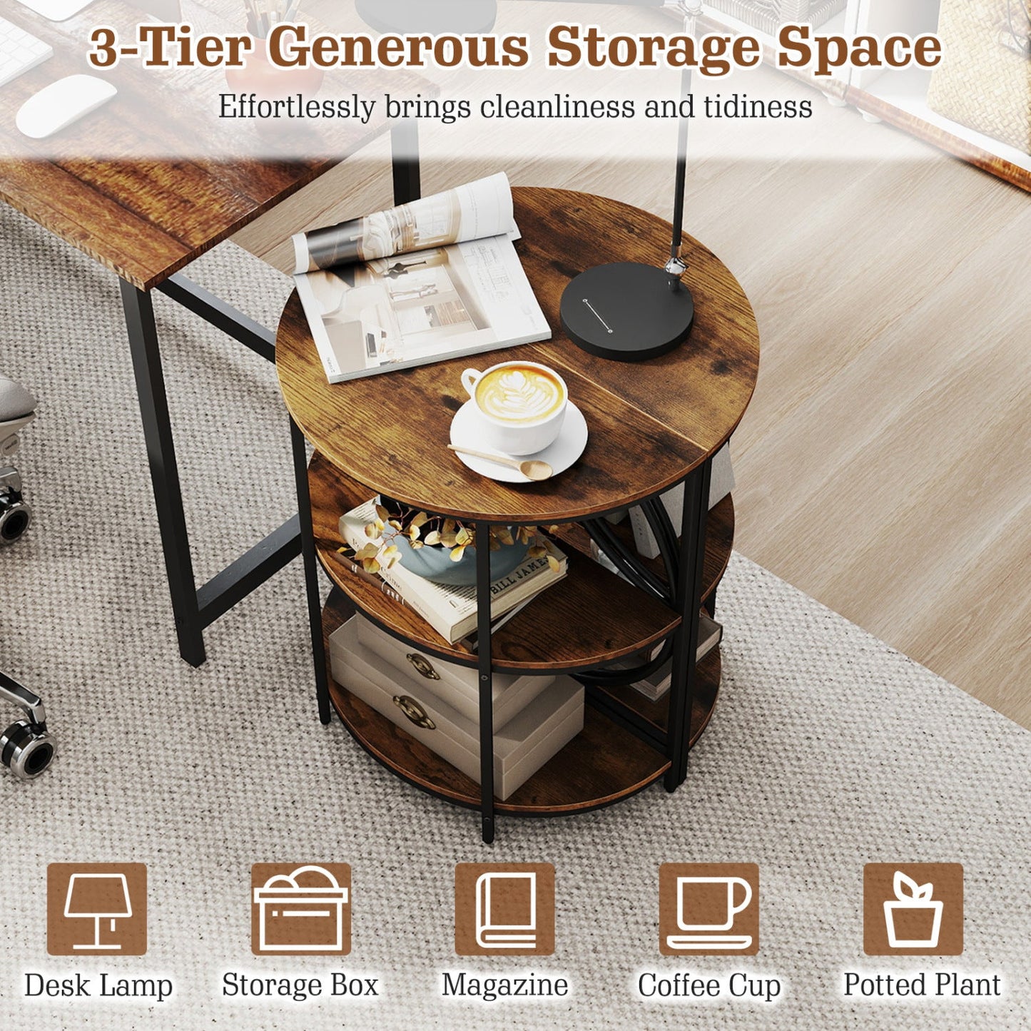 3-Tier Half Round End Table with Metal Frame, round wooden shelves, black metal legs on Tampa Home & Garden Store