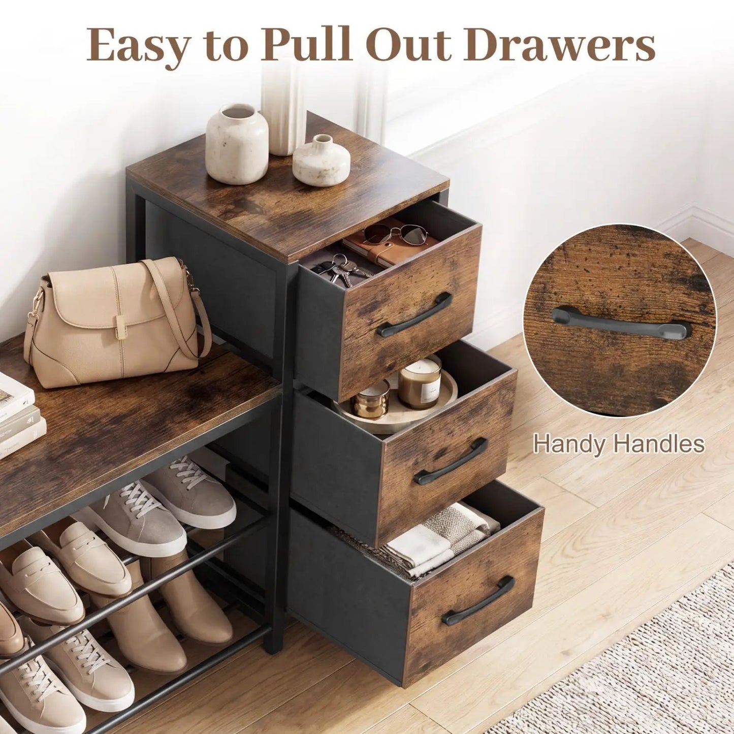 Three Tier Shoe Bench with Removable Drawers