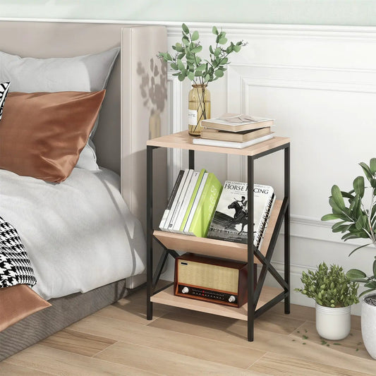 3-Tier Industrial Side Table with V-Shaped Bookshelf, wood top, black metal frame, books and vase on Tampa Home & Garden Store