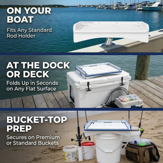 Portable Fillet Table with Bait Station by TRAPSKI white plastic rod mount fits rod holders on Tampa Home & Garden Store