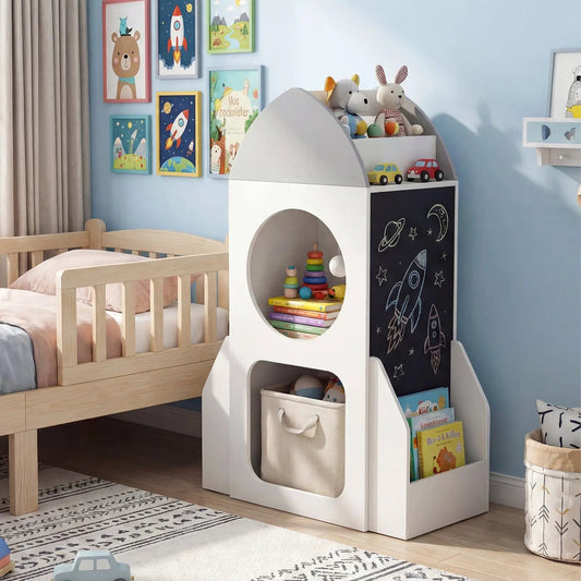 Three-tier rocket bookshelf with chalkboard panel by DirectDeals in a kids room on Tampa Home & Garden Store