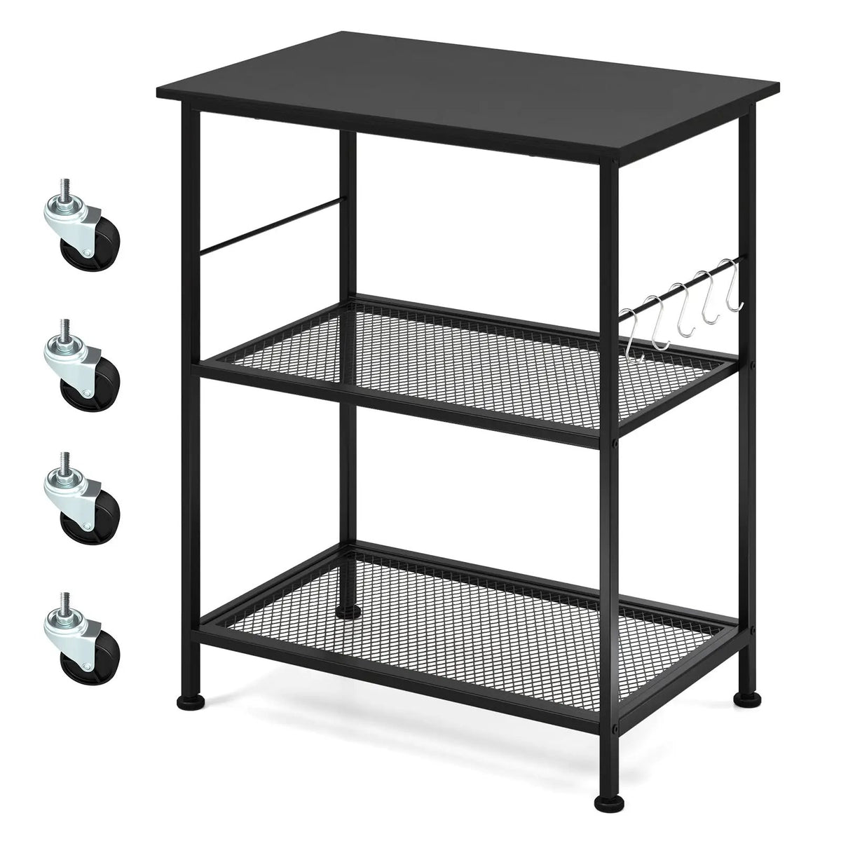 3-Tier Kitchen Serving Cart with Hooks by DirectDeals, black metal frame, caster wheels on Tampa Home & Garden Store