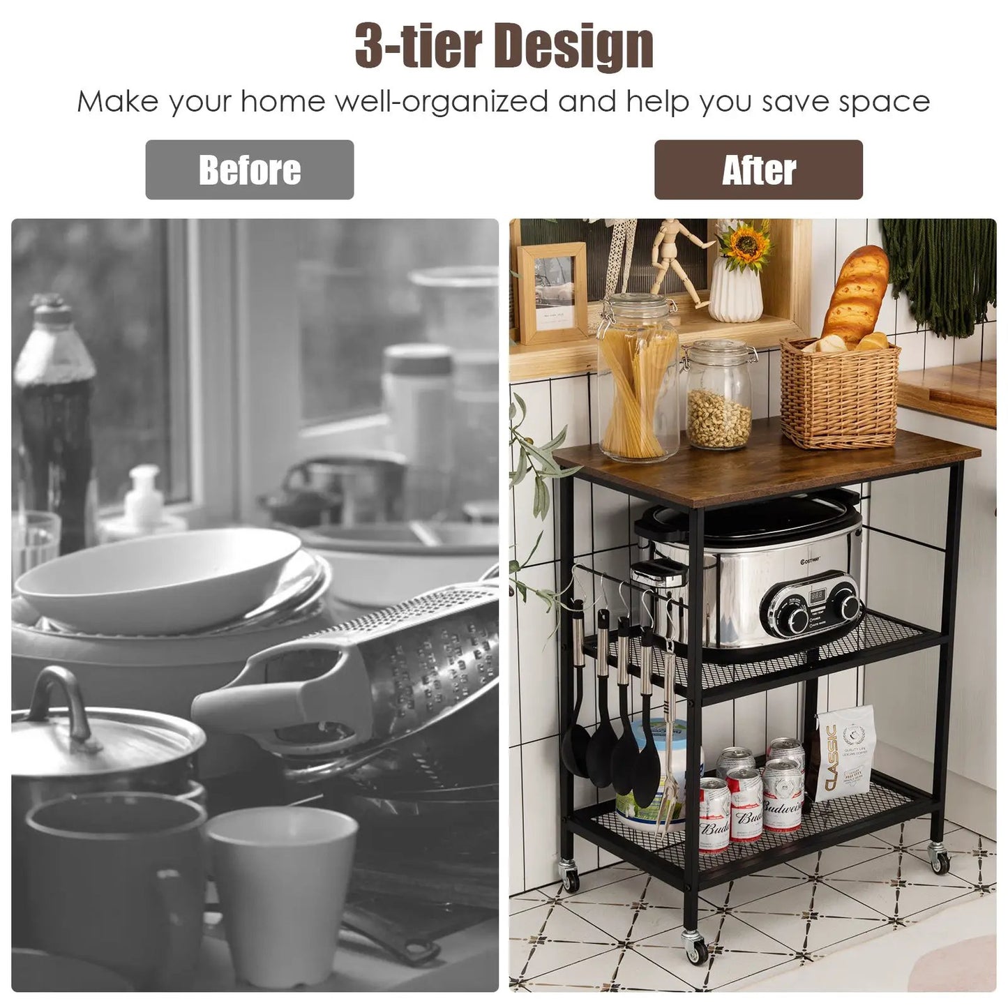 3-Tier Kitchen Utility Cart with Storage black metal frame wood top, caster wheels DirectDeals on Tampa Home & Garden Store