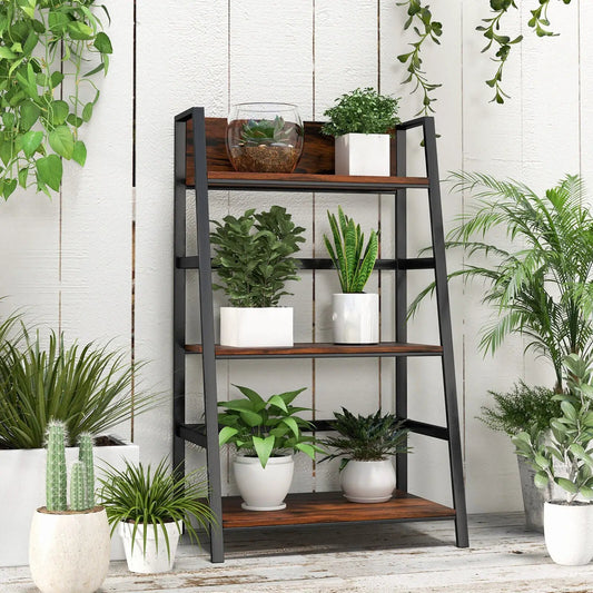 3-Tier Ladder Industrial Bookshelf with black metal frame and dark wood shelves, plants nearby on Tampa Home & Garden Store