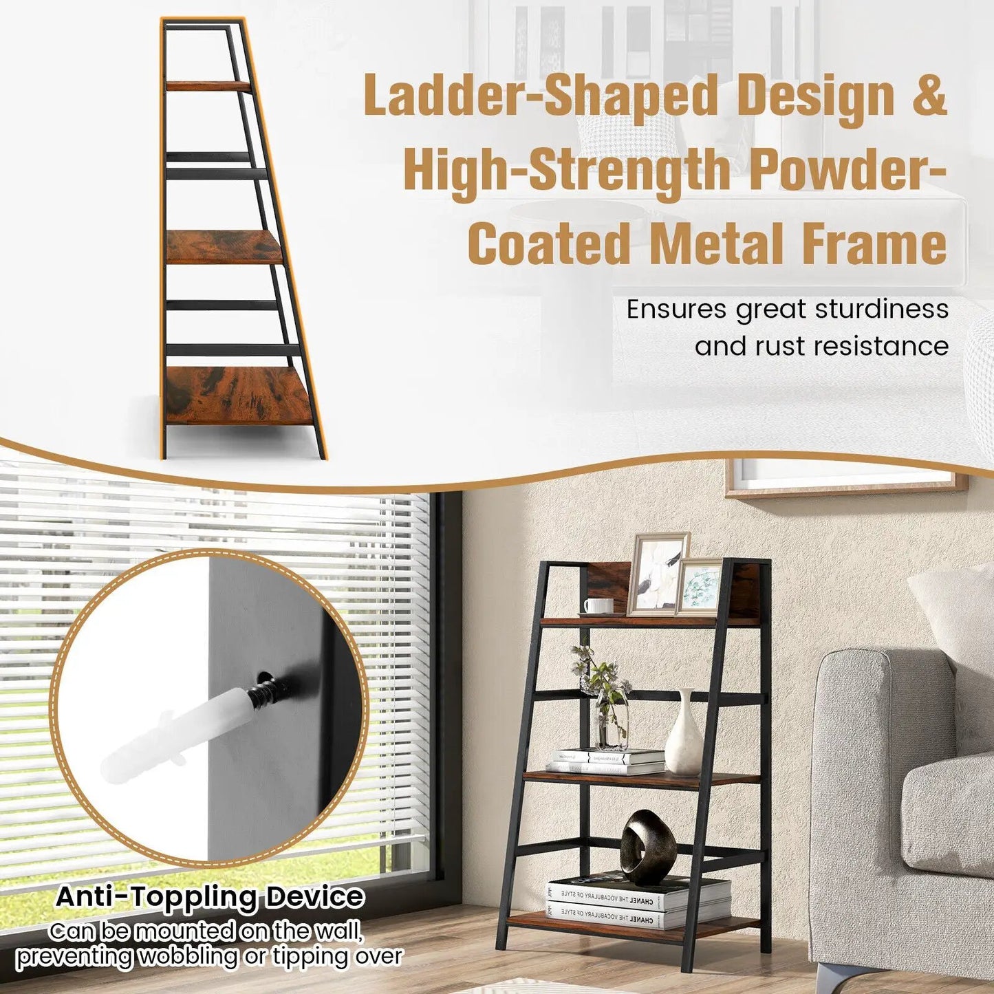 3-Tier Ladder Industrial Bookshelf with Metal Frame - Tampa Home & Garden Store