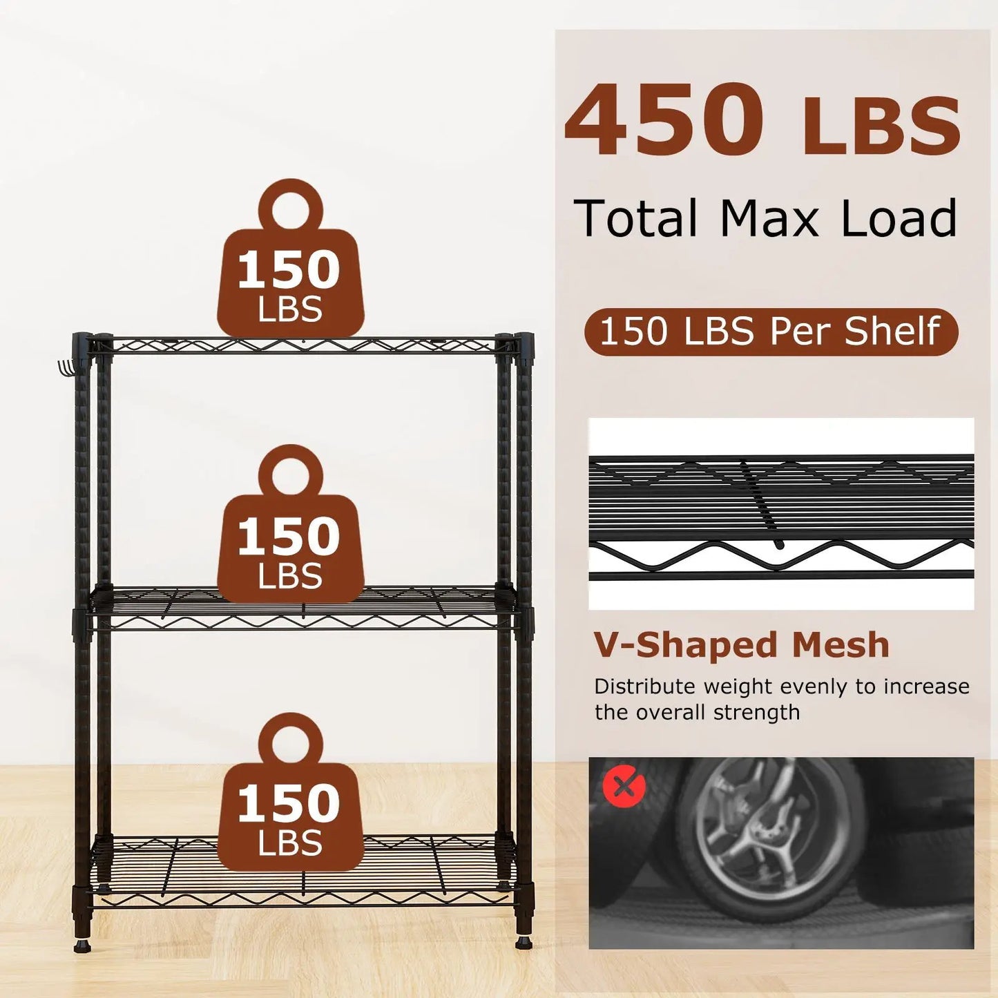 3-Tier black metal shelving unit with wire racks 150 LBS per shelf, 450 LBS total load on Tampa Home & Garden Store