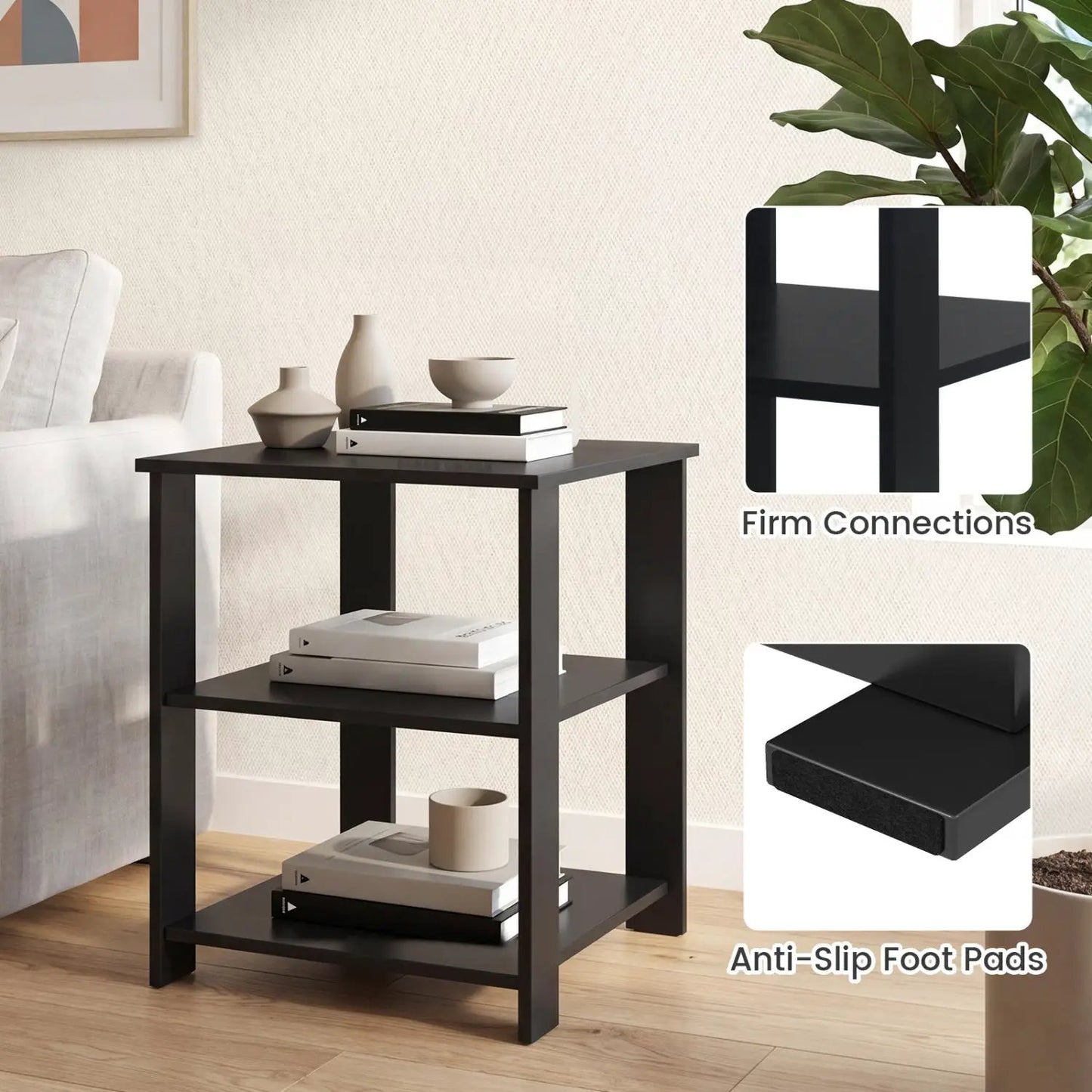 3-Tier Square Side Table With Storage Shelves
