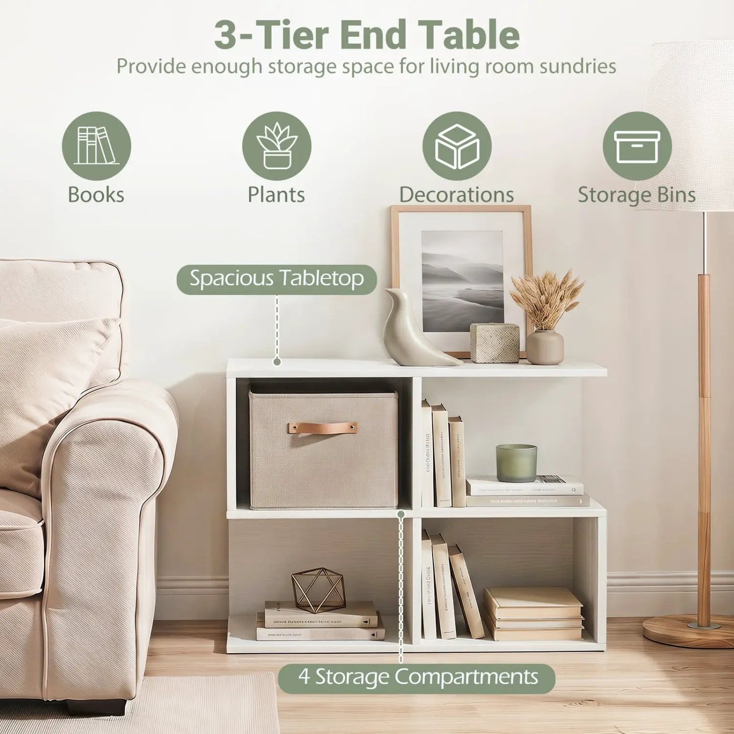 3 Tier S Shaped End Table With 4 Storage Cubes