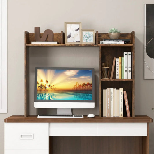 3-Tier Desk Bookshelf With 4 Shelves in dark brown wood holds monitor and books on Tampa Home & Garden Store