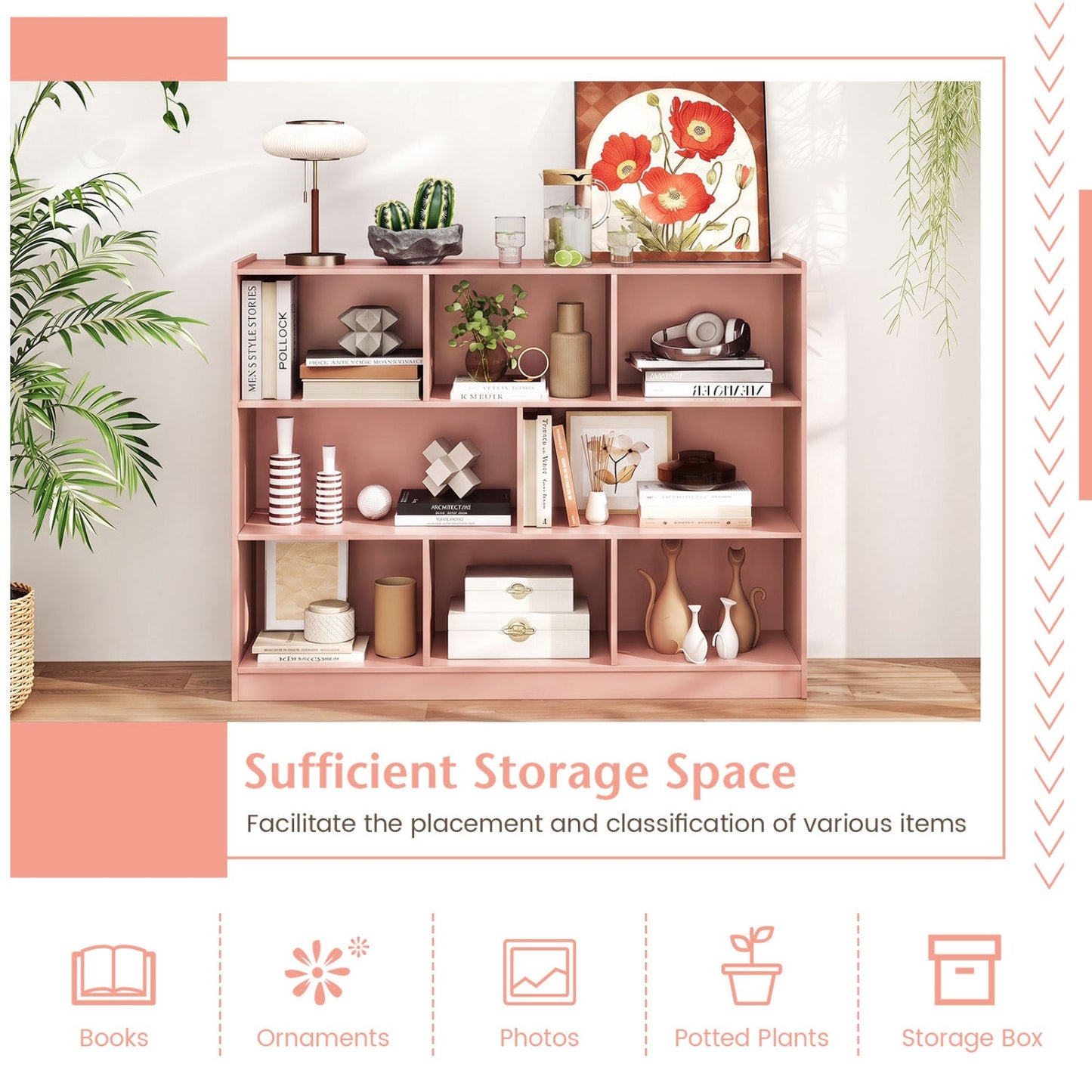 DirectDeals pink 3-tier bookcase with 8 cube storage shelves, featuring books, plants on Tampa Home & Garden Store