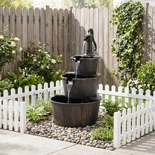 3-Tier Barrel Waterfall Fountain wood-finish barrels with electric pump for outdoor garden on Tampa Home & Garden Store
