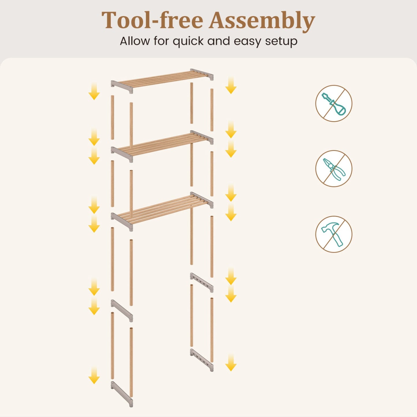 Three Tier Over Toilet Storage Rack Gray with wood shelves and brackets in assembly diagram on Tampa Home & Garden Store