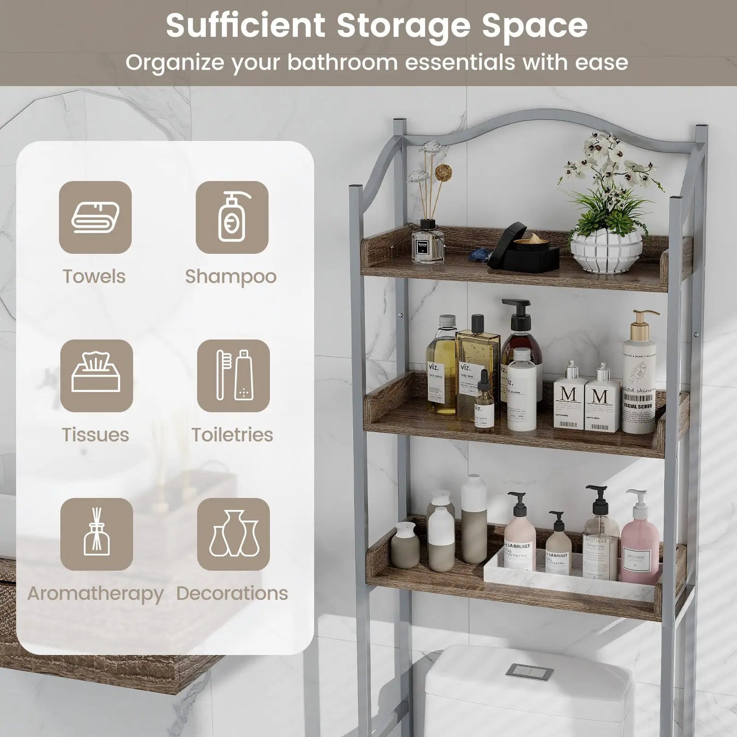 Three Tier Over the Toilet Space Saver Rack in gray metal with wooden shelves on Tampa Home & Garden Store