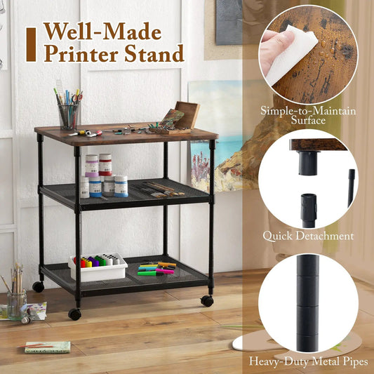 Three-Tier Printer Stand with Rolling Wheels, black metal frame and wood top by DirectDeals on Tampa Home & Garden Store