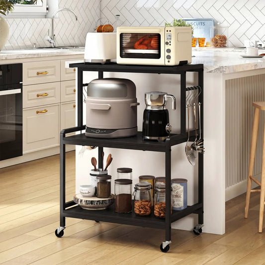 3-Tier rolling kitchen cart DirectDeals with microwave on top, power outlet and hooks, casters on Tampa Home & Garden Store