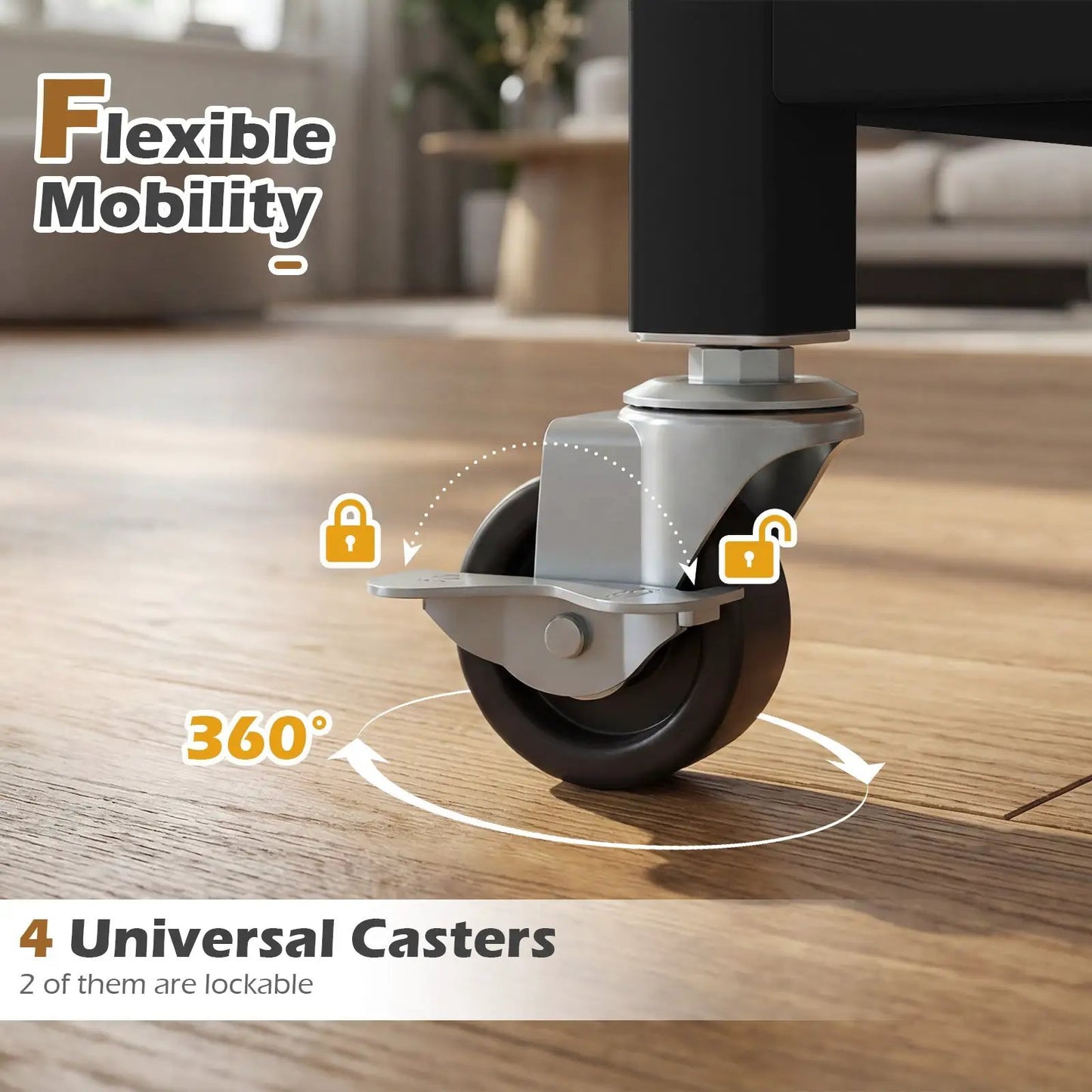 3-Tier Rolling Printer Stand caster wheel close-up with 360° rotation and lockable castors on Tampa Home & Garden Store