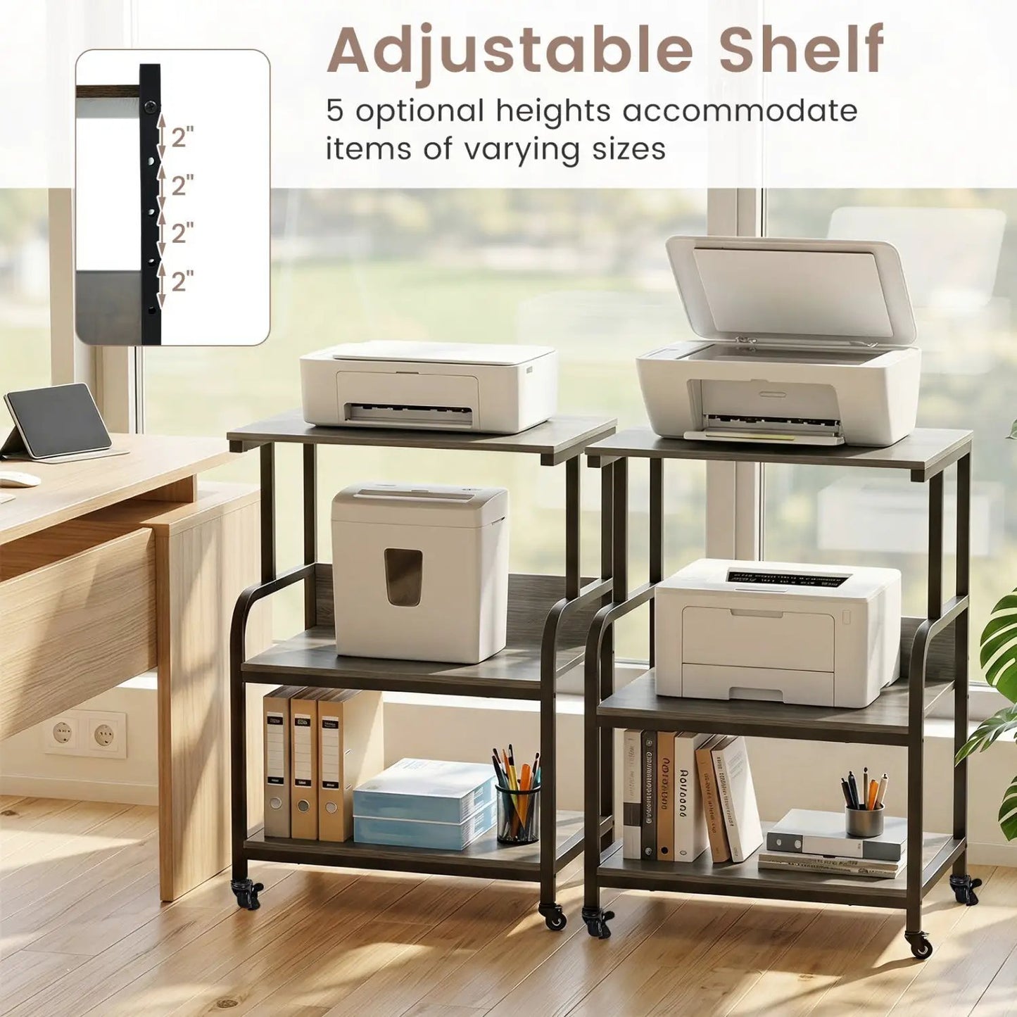 3-Tier Mobile Printer Stand with Adjustable Shelf