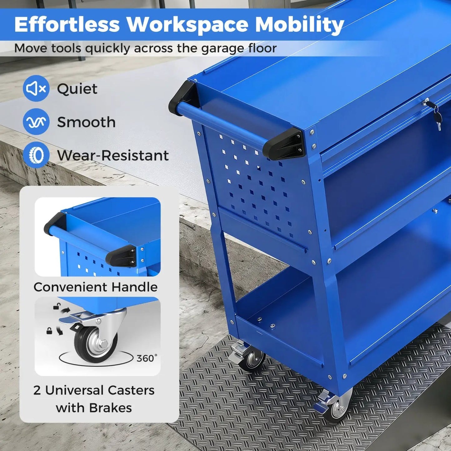 Three-Tier Rolling Tool Cart and Lockable Drawer