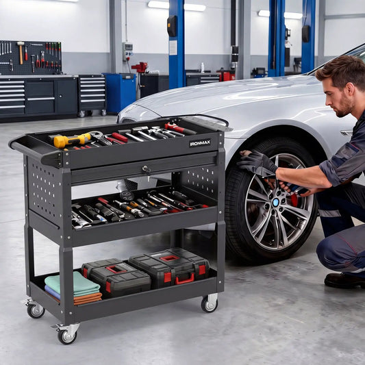 3-Tier Rolling Tool Cart with Lockable Drawer IronMAX gray metal on wheels in a workshop on Tampa Home & Garden Store