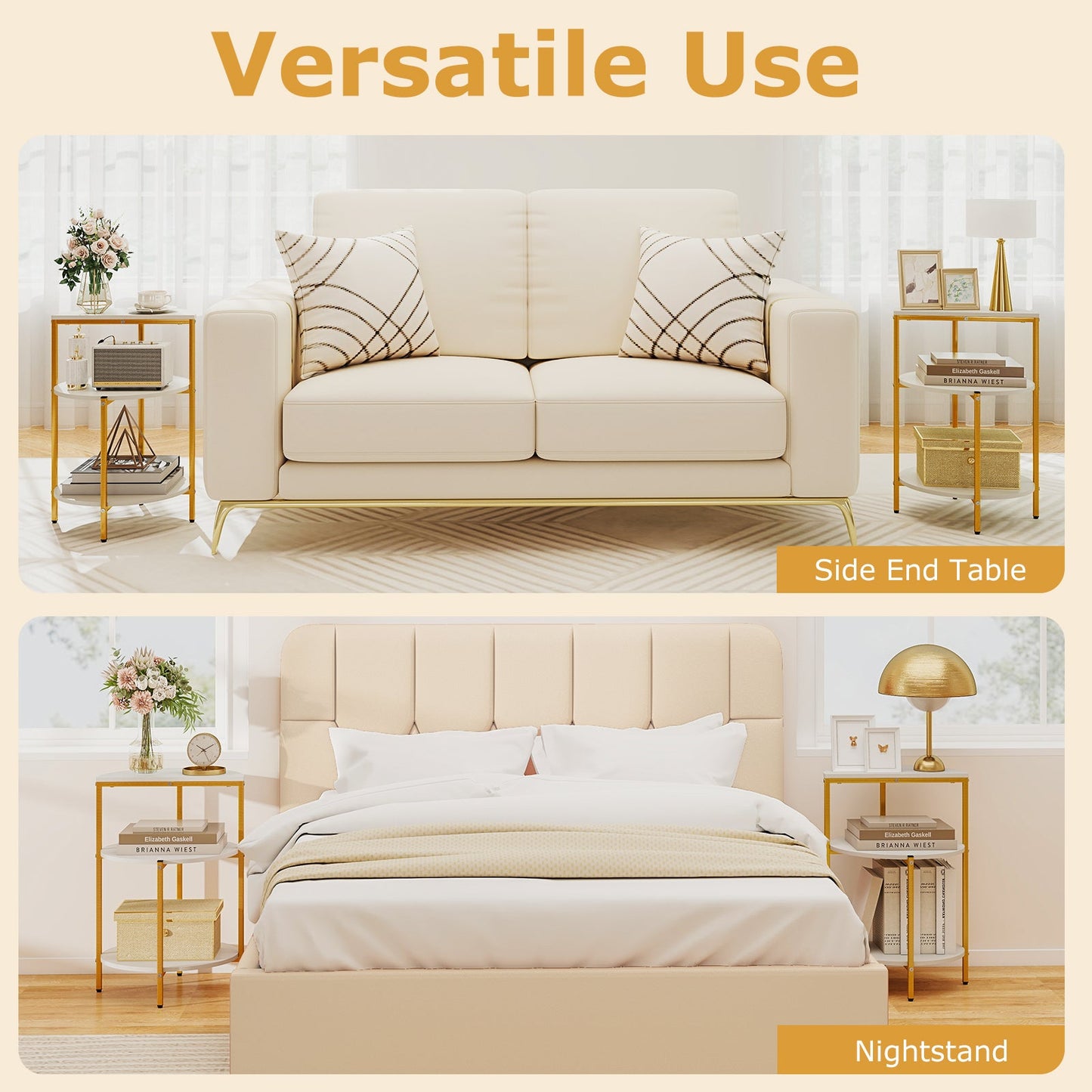 Two 3-tier round end tables with gold frames and white tops beside a cream sofa on Tampa Home & Garden Store