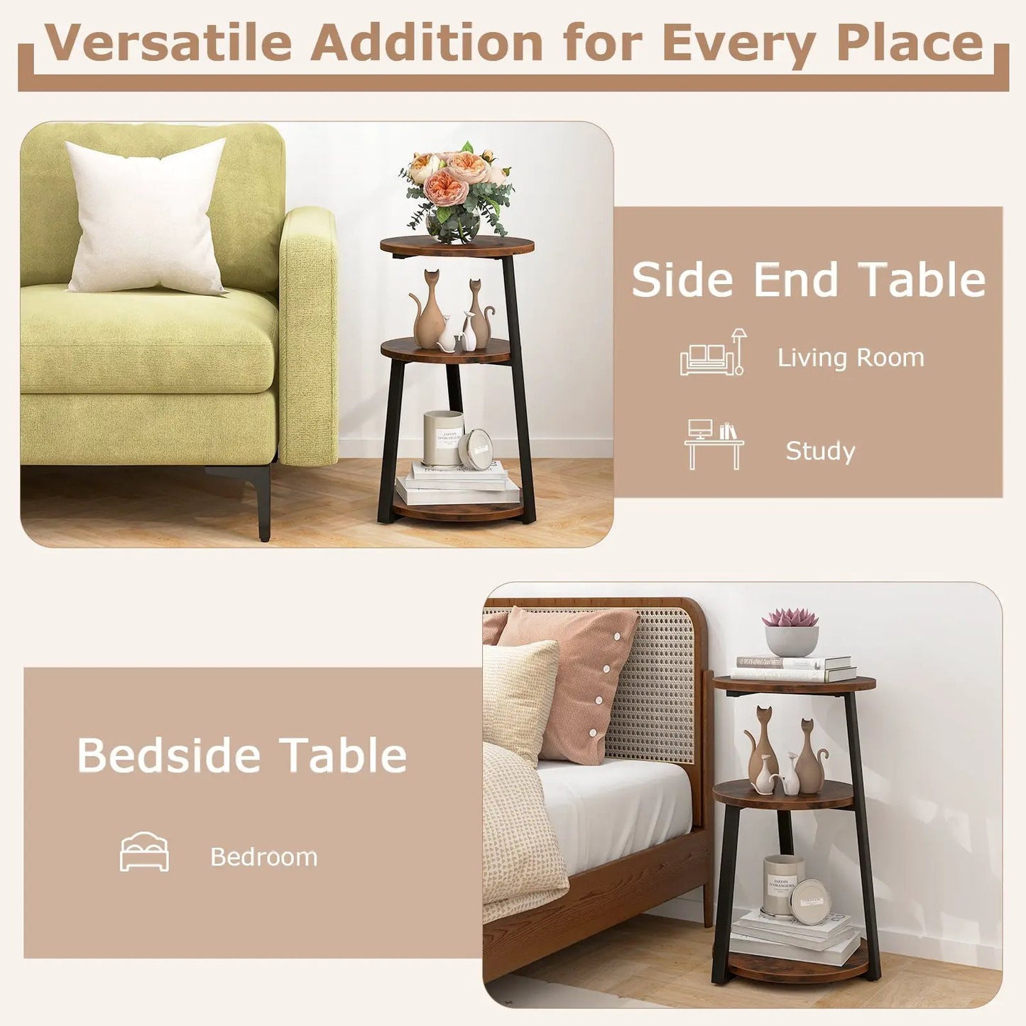 3 Tier Accent Side Table with metal frame and dark wood shelves beside a sofa pink rose vase on Tampa Home & Garden Store