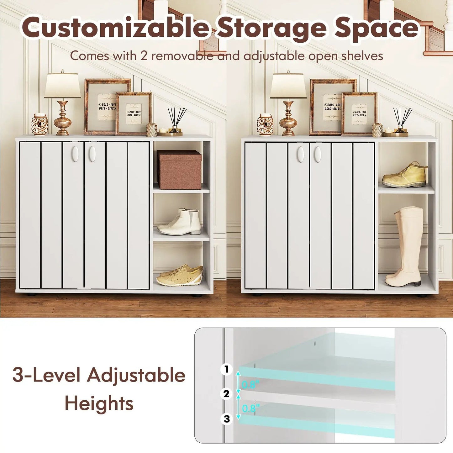 Pair of white 3-tier shoe cabinets with doors and open shelves DirectDeals on Tampa Home & Garden Store