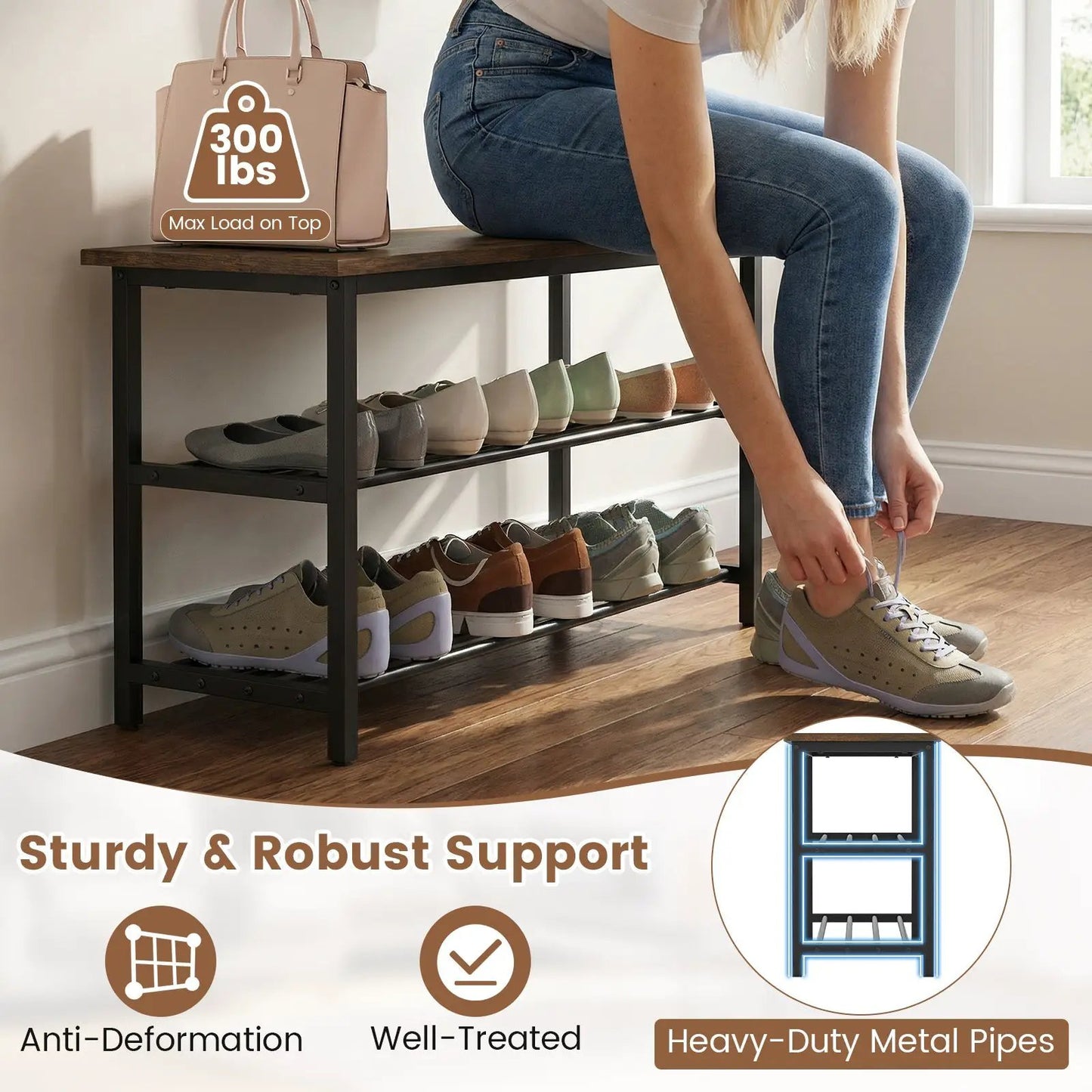 3-Tier Shoe Rack Bench with Seat in rustic brown wood top and black metal frame DirectDeals on Tampa Home & Garden Store