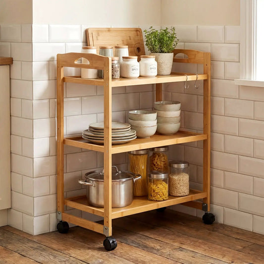 3-Tier bamboo storage rolling cart with 4 caster wheels in natural wood finish on Tampa Home & Garden Store
