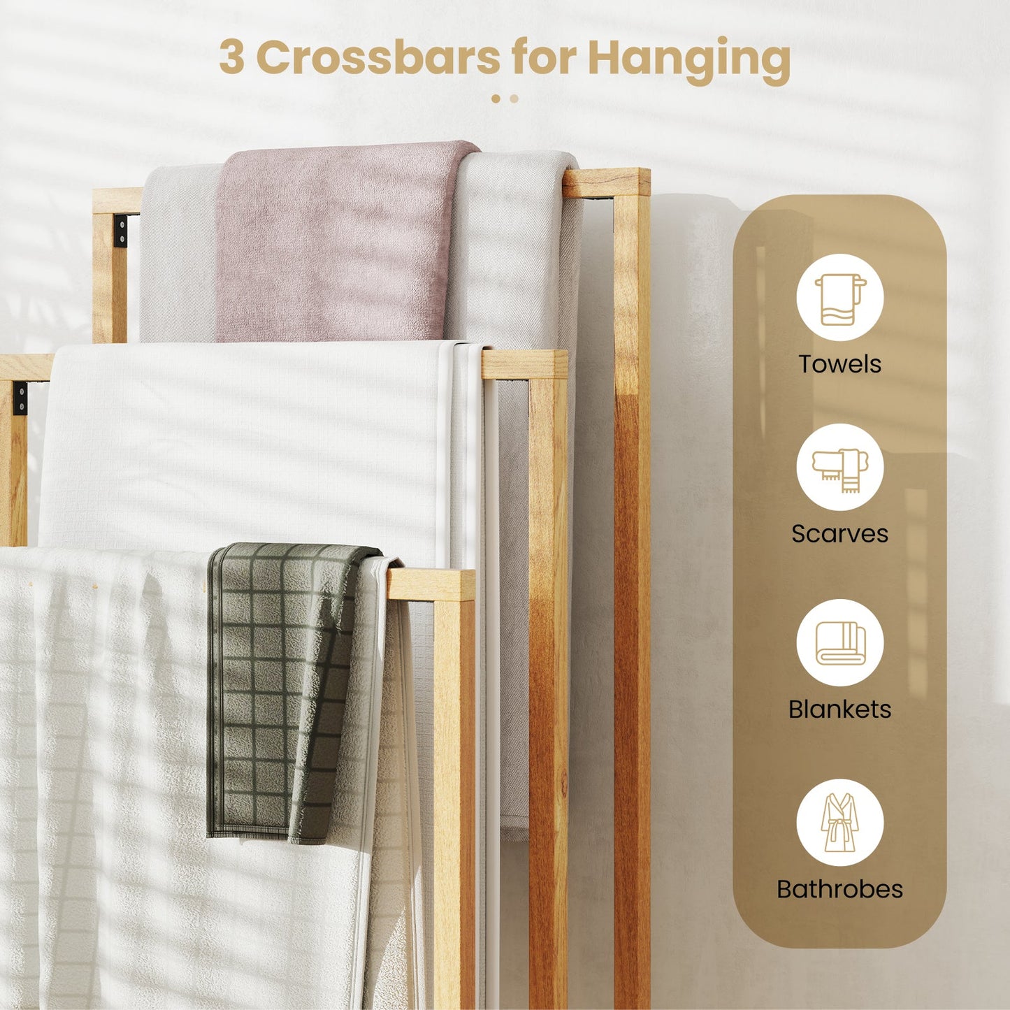 3-Tier Teak Wood Towel Rack with 3 Crossbars and white towels by DirectDeals on Tampa Home & Garden Store