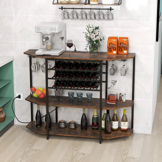 3-Tier Wine Bar Cabinet with dark wood shelves and black metal frame for wine and barware on Tampa Home & Garden Store
