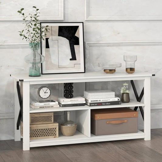 3-Tier Wood TV Stand white with black metal legs; top art and glass vase, shelves with books on Tampa Home & Garden Store