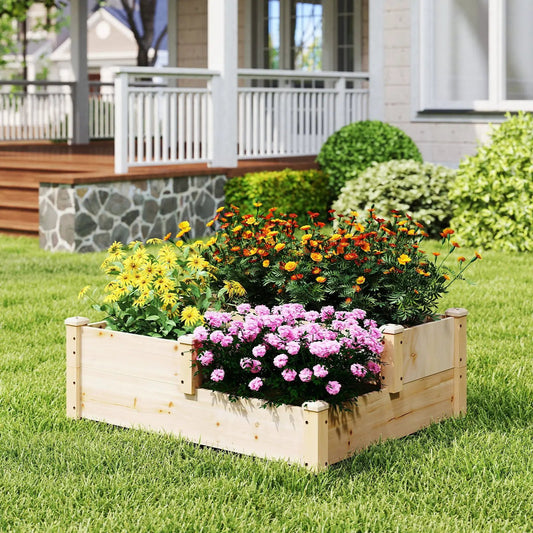 Three-tier wooden raised garden bed with base in natural wood, filled with colorful flowers on Tampa Home & Garden Store
