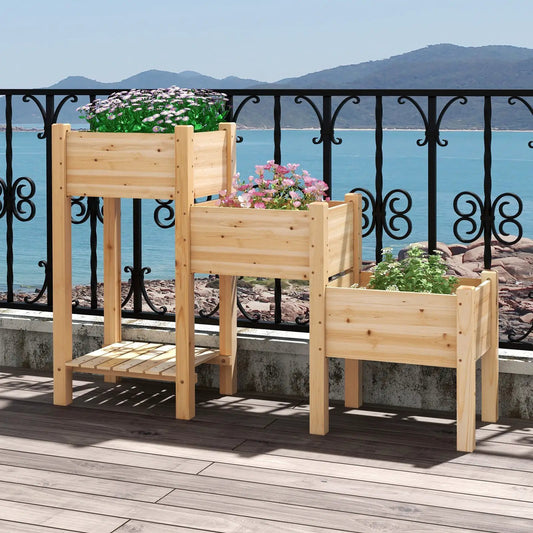 3-Tier Wooden Raised Garden Bed with Open Storage Shelf-Natural - Tampa Home & Garden Store