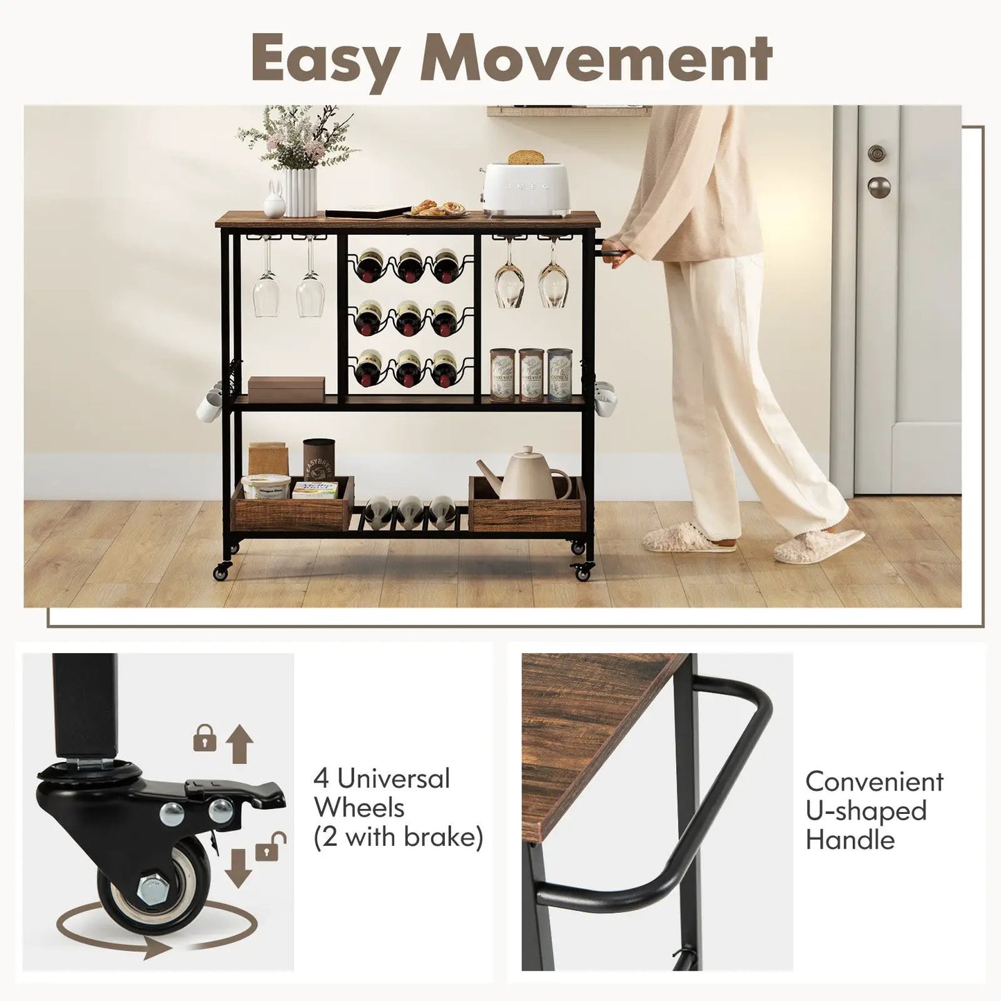 Three Tier Bar Cart on Wheels with Glass Racks brown wood top black metal frame DirectDeals on Tampa Home & Garden Store