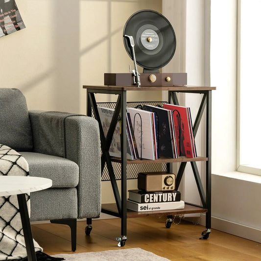Three-tier vintage rolling end table for albums with wood top and black metal frame DirectDeals on Tampa Home & Garden Store