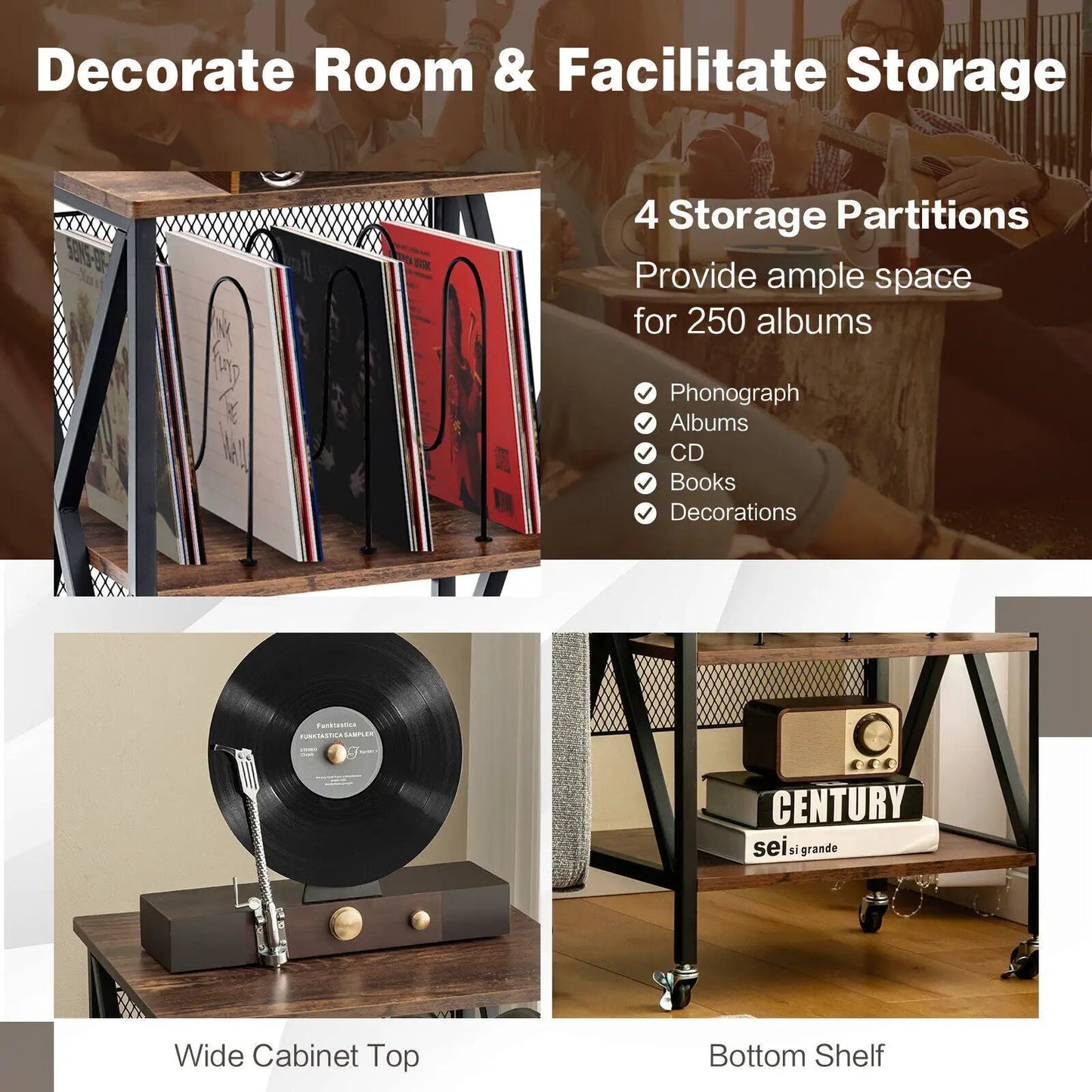 Three-Tier Rolling End Table for Albums with wood top and black metal frame DirectDeals on Tampa Home & Garden Store