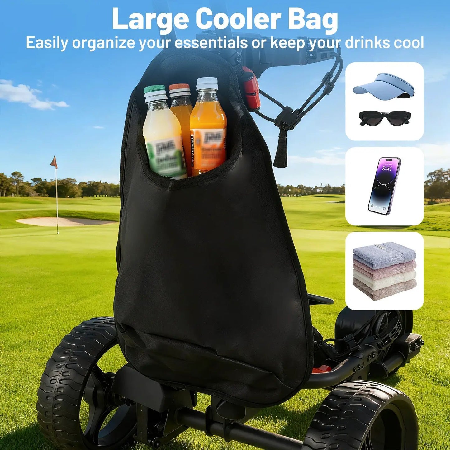 3-Wheel Golf Bag Cart with Adjustable Handle by DirectDeals, black on a golf course on Tampa Home & Garden Store