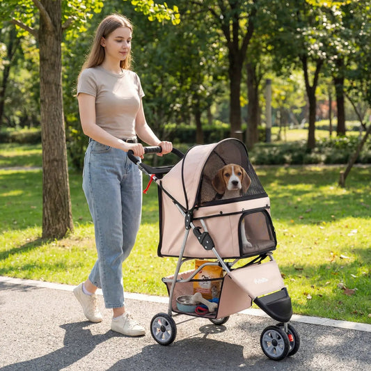 3 Wheel Pet Stroller for Small Dogs and Cats beige fabric with mesh canopy DirectDeals on Tampa Home & Garden Store