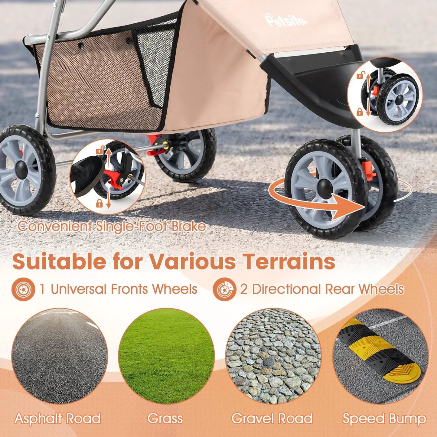 DirectDeals 3 Wheel Pet Stroller for Small Dogs and Cats, beige canopy, mesh sides on Tampa Home & Garden Store